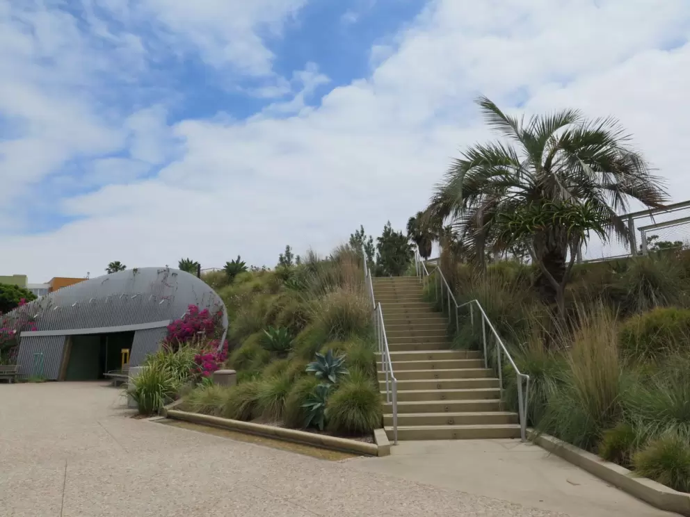 Stairs to view, and restrooms with interesting architecture.