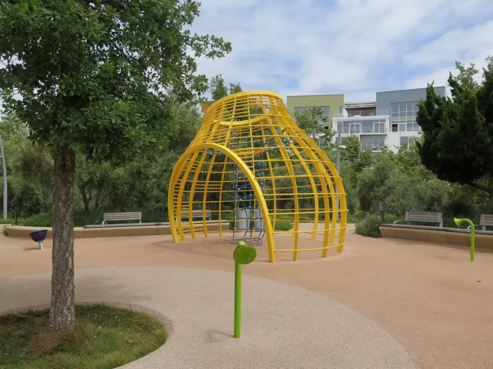 Unique climbing structure and speakers to talk into.