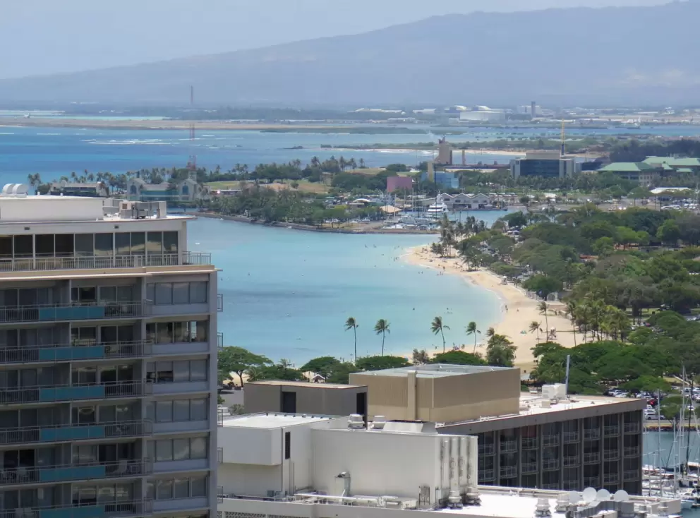 View of Ala Moana Beach from the Kalia Tower at Hilton Hawaiian Village. 