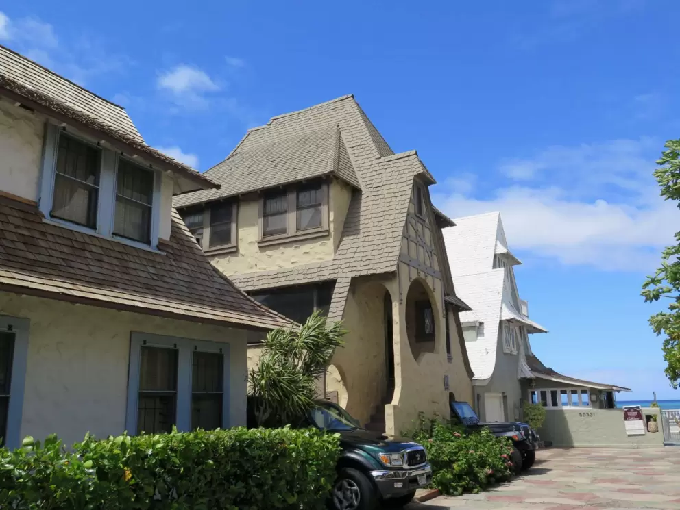 Three gingerbread houses in a row.