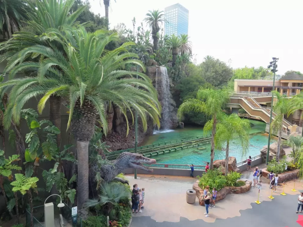 The Jurassic Park ride has a lush atmosphere.