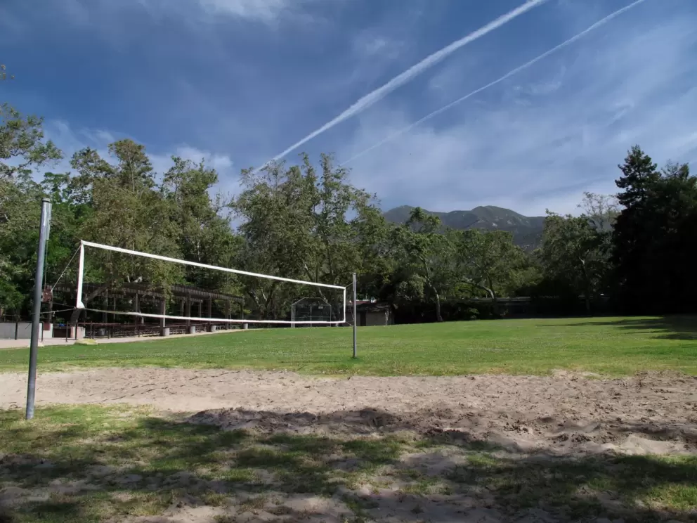 The volleyball court.