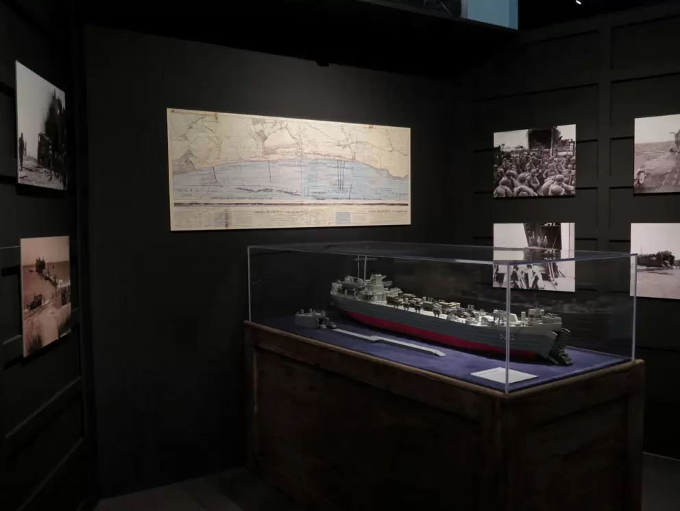 Model of Landing Ship Tank, or LST, used for transporting construction supplies needed by the Seabees.