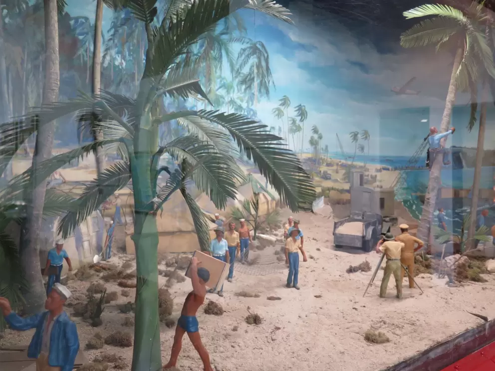 Diorama on WWII recruitment truck showing people what this new branch of the Navy, the Seabees, do during a complete landing operation.