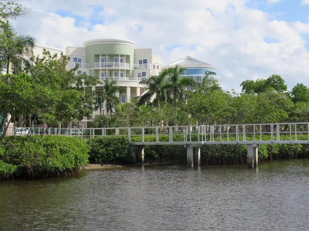 View of the circular buildings and bridge, from the dock.