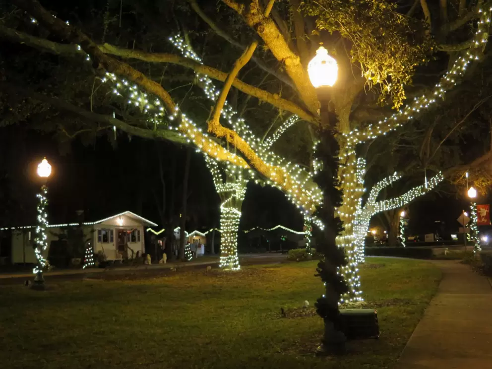 Cute lampposts wrapped in tinsel. 