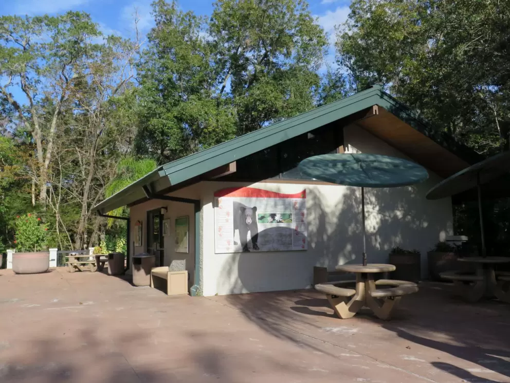 Picnic table and restrooms.