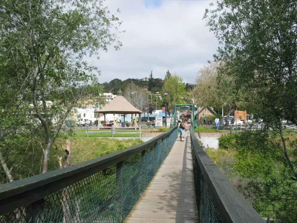 Swinging bridge, looking back toward "the village." 