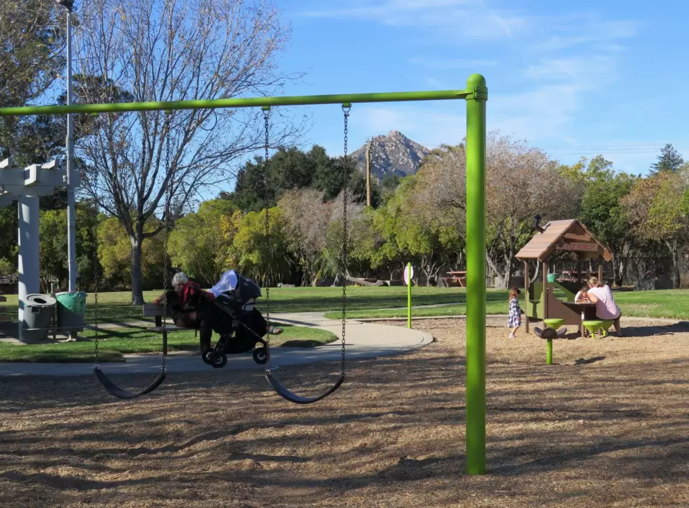 Swings, spinner, and play house.
