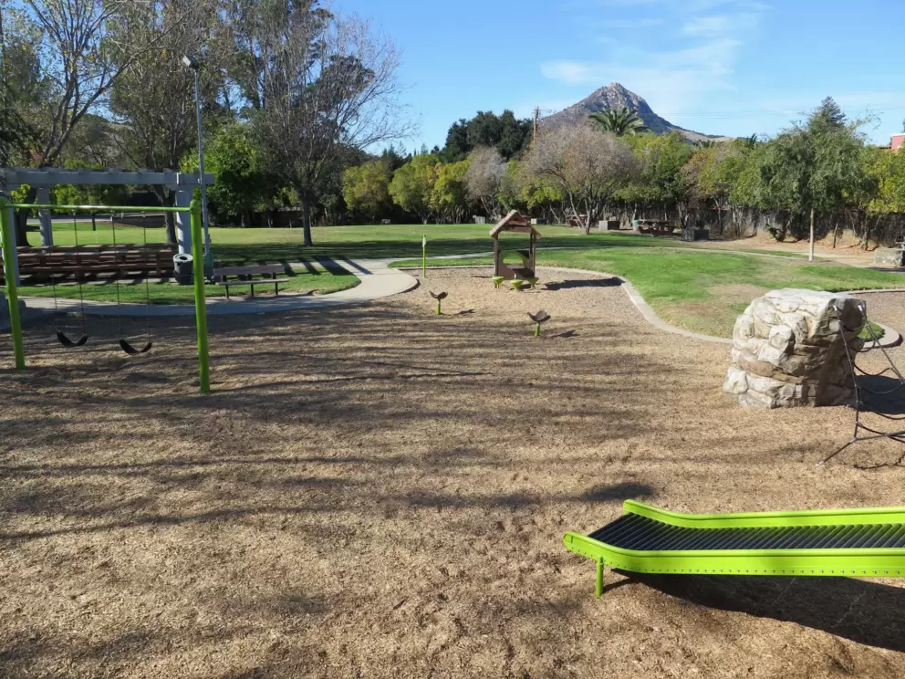 Roller slide, boulder to climb, swings, and play house, with cute mountain behind.