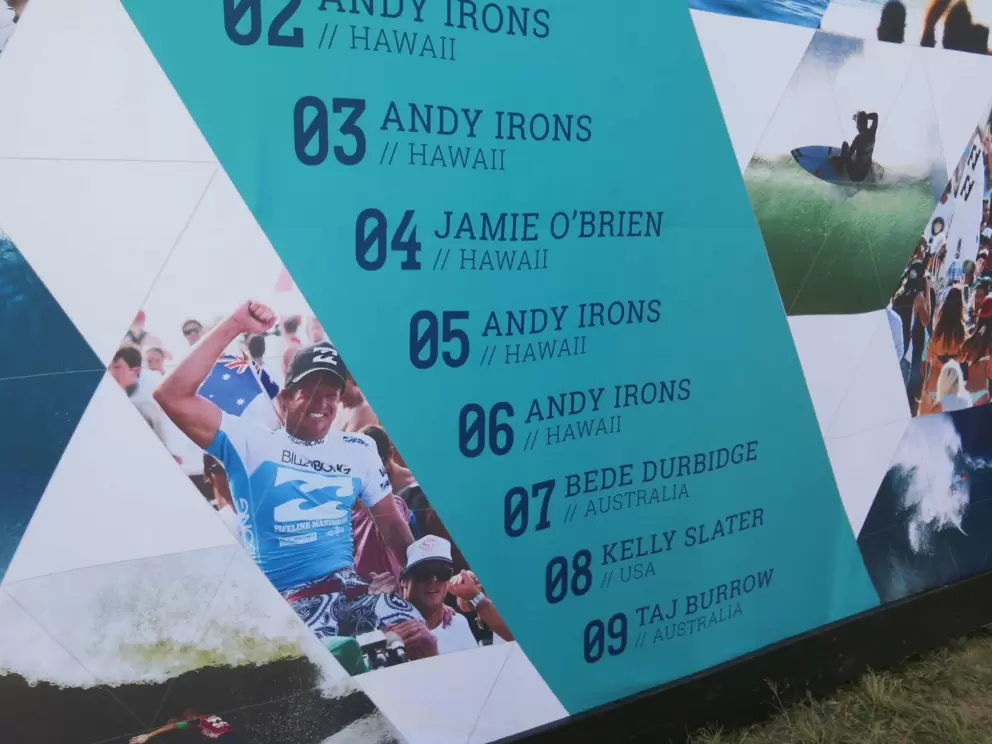Past winners of the Pipeline Masters surf contest, displayed on a large wall.