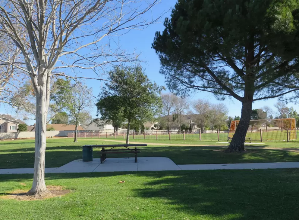 Picnic table, lawn, and ball fields.