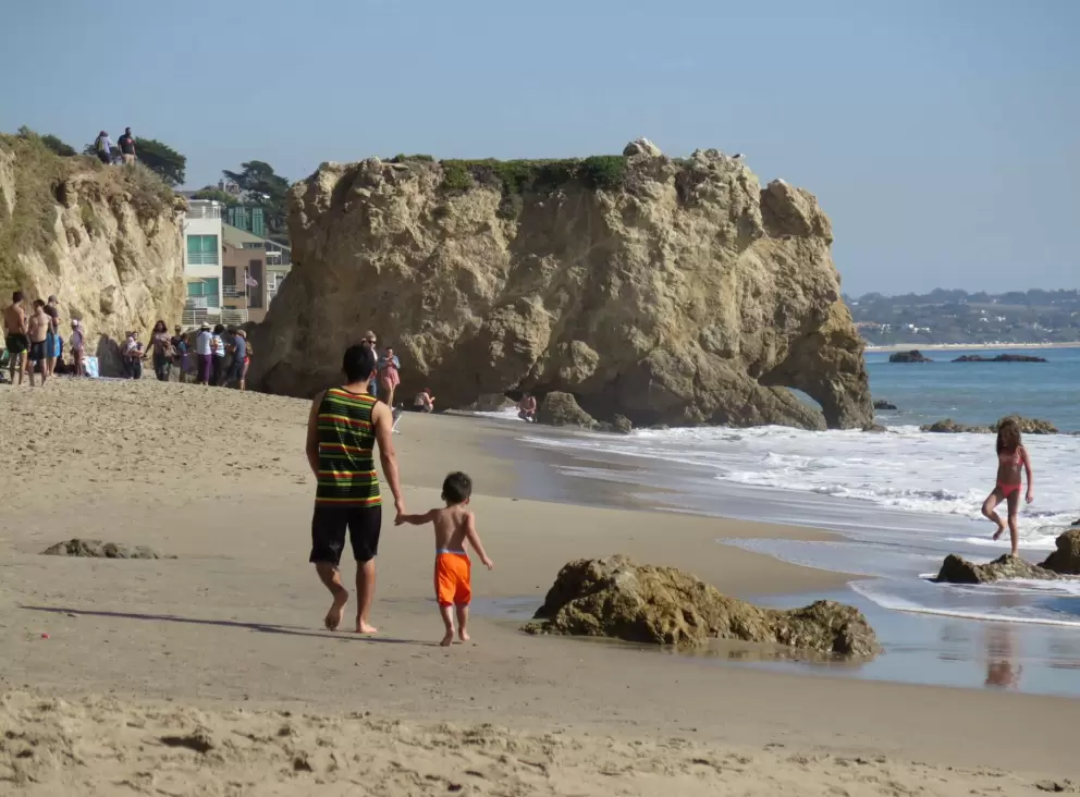Father and son walking along the shore.