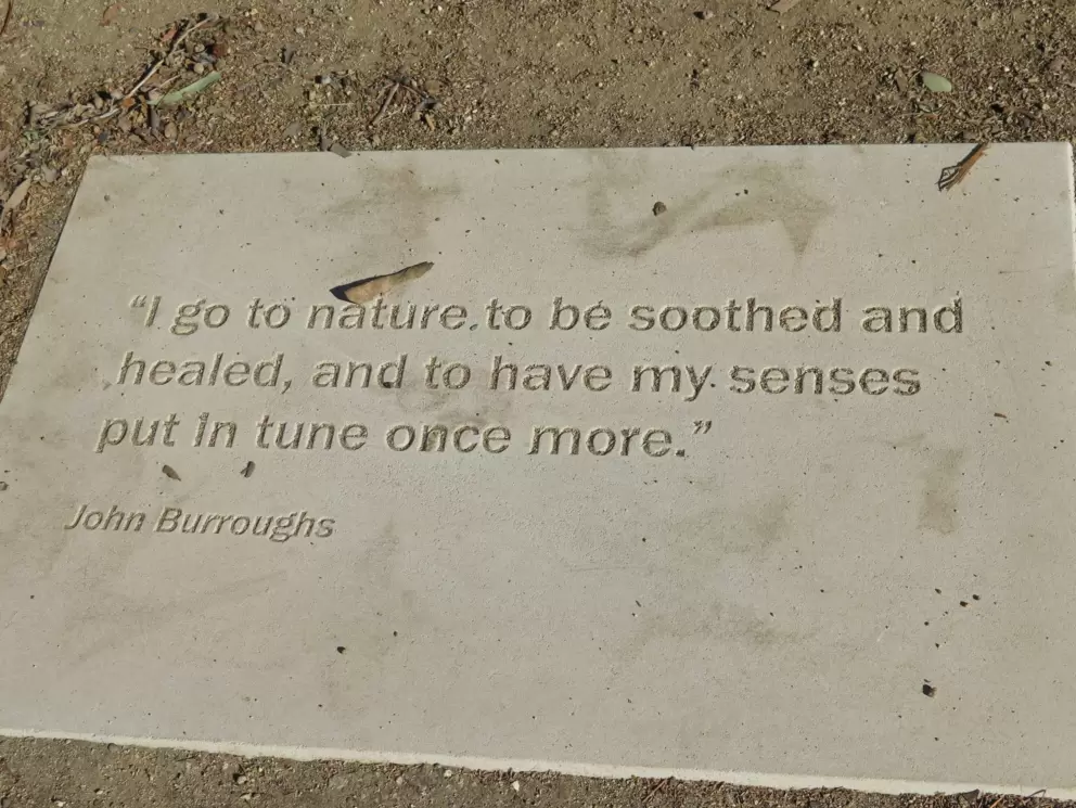 Plaque outside on the ground. "I go to nature to be soothed and healed, and to have my senses put in tune once more." -John Burroughs.