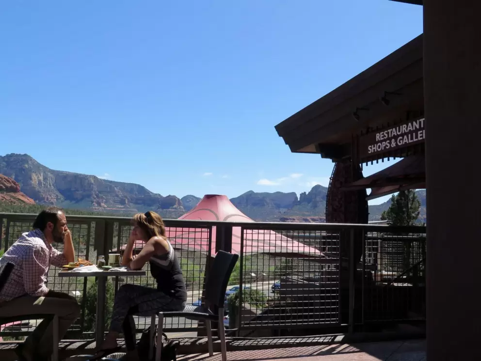 Sitting on the balcony of Wildflower Bread Company.