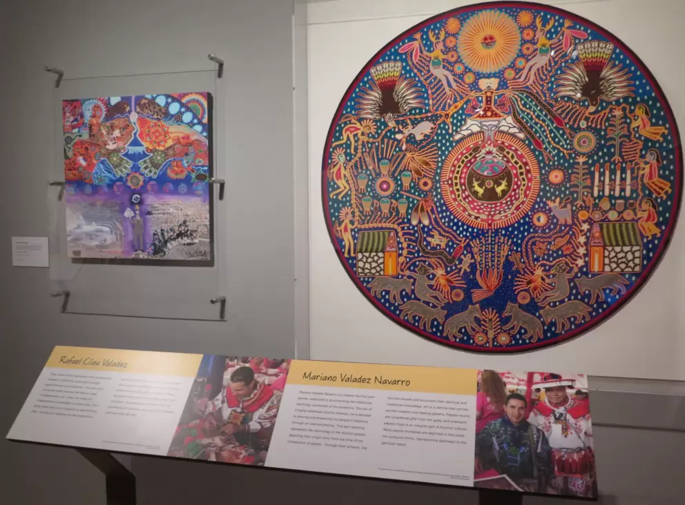 Round Huichol yarn painting, and Huichol painting reflecting struggle against oil corporations.