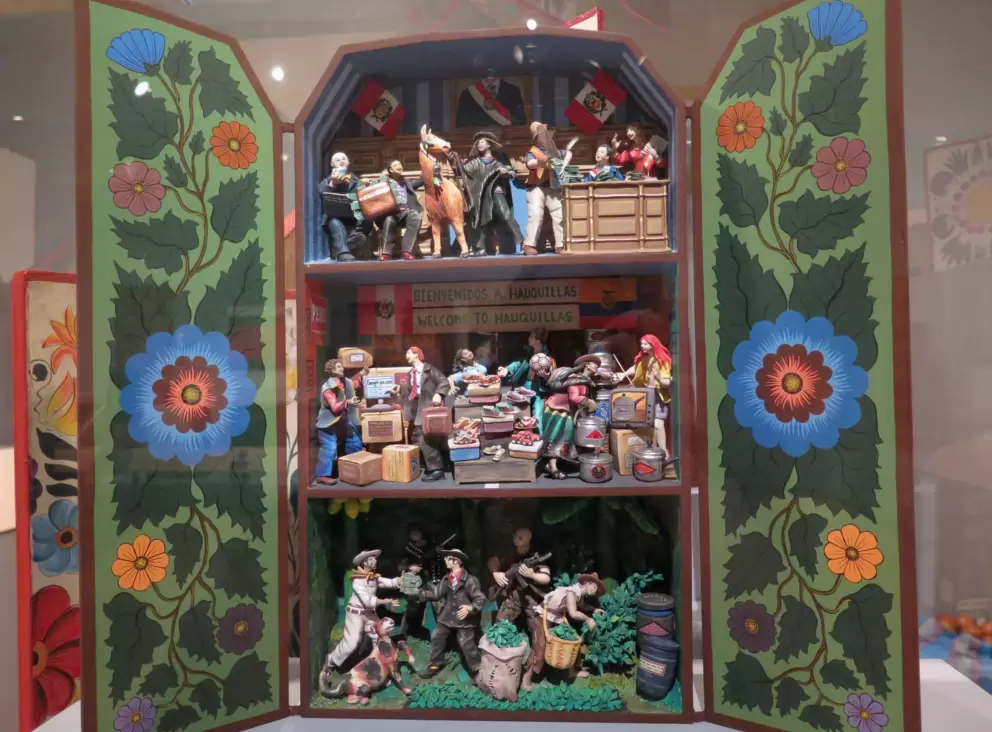 Retablo about the black market on the border of Peru and Ecuador.