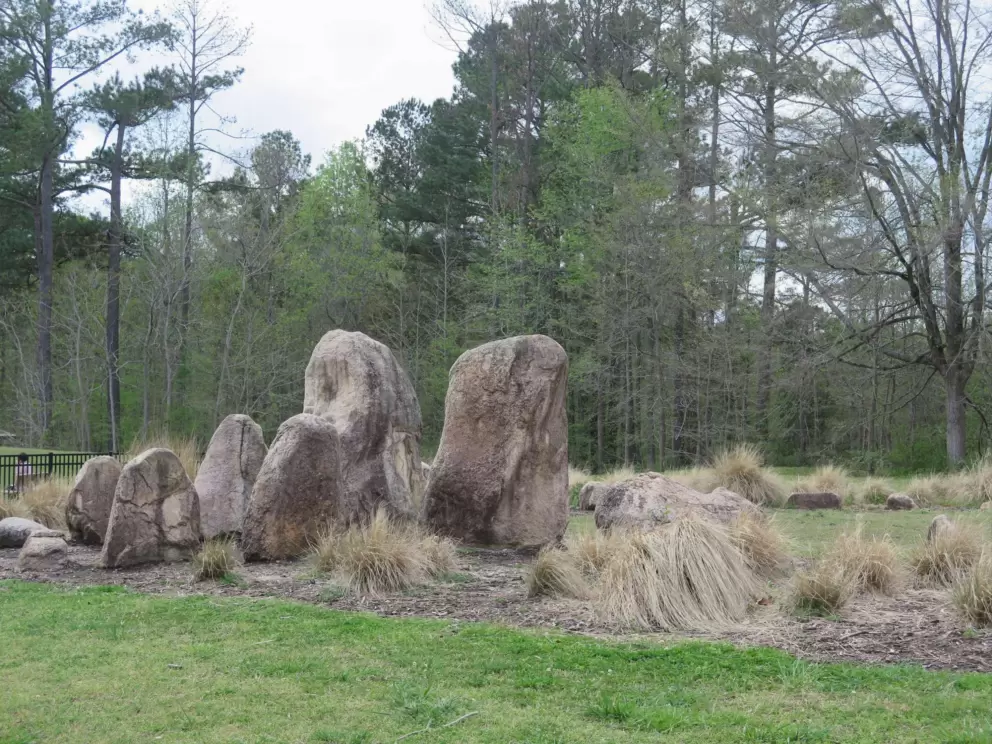 Rocks and long grass at the entrance.