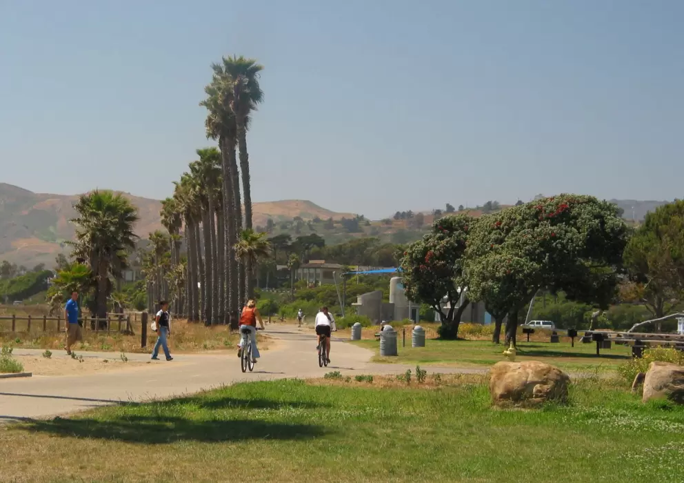Lots of people biking and enjoying the coastline.
