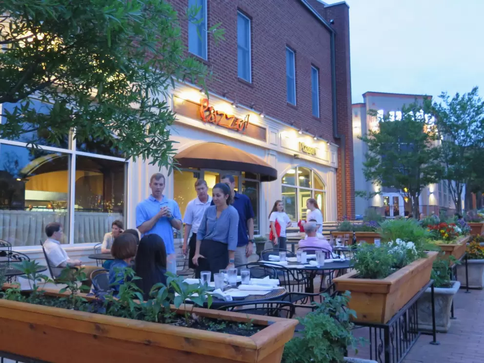 Pazzo outdoor seating at night.