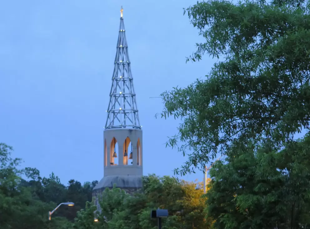 Lit-up church steeple.