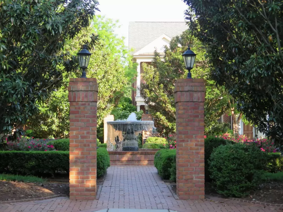 Lampposts and fountain.