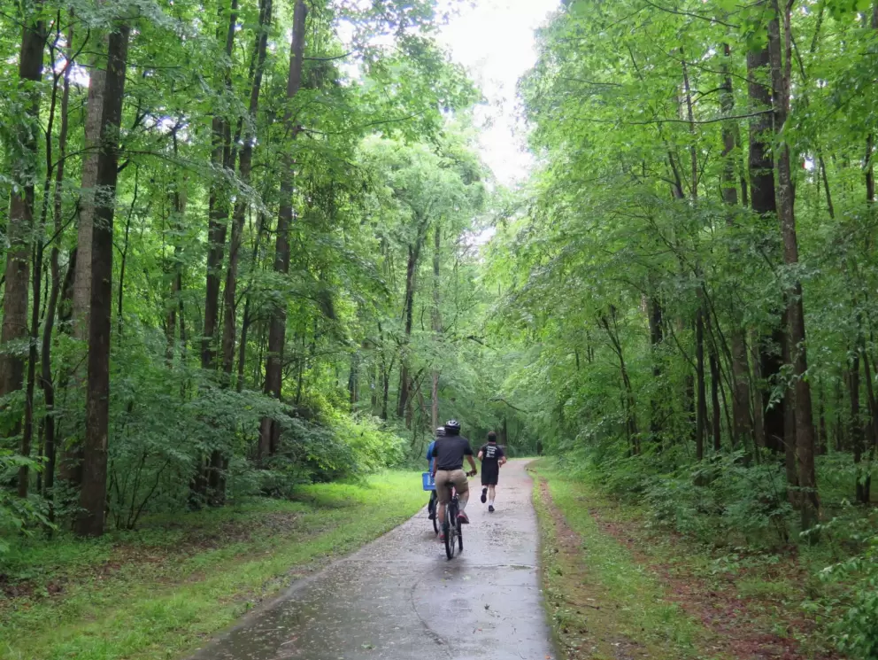 Bike riding and running on the trail.