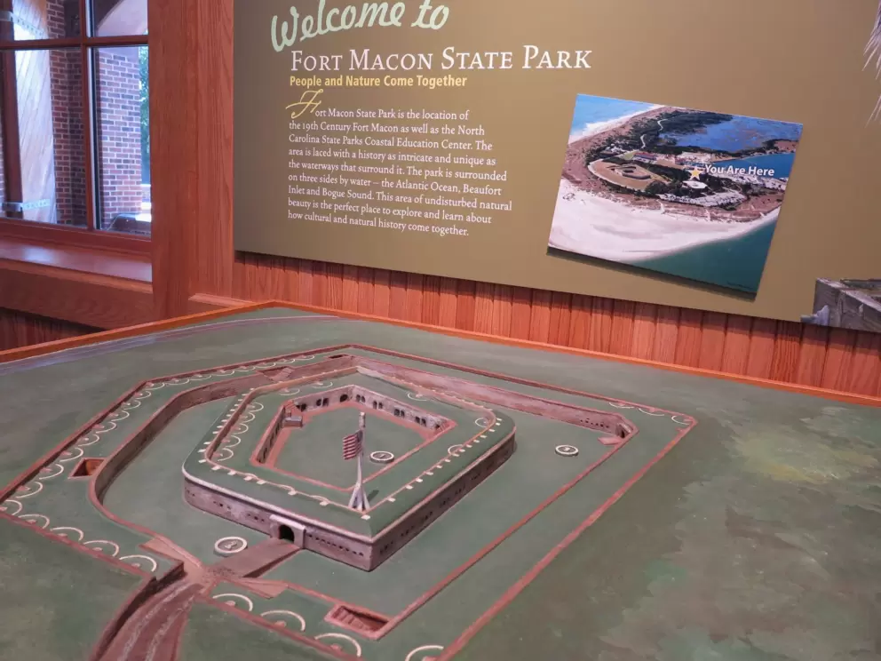 Model of the fort. It is surrounded on three sides by water: the Atlantic, Beaufort Inlet, and Bogue Sound.