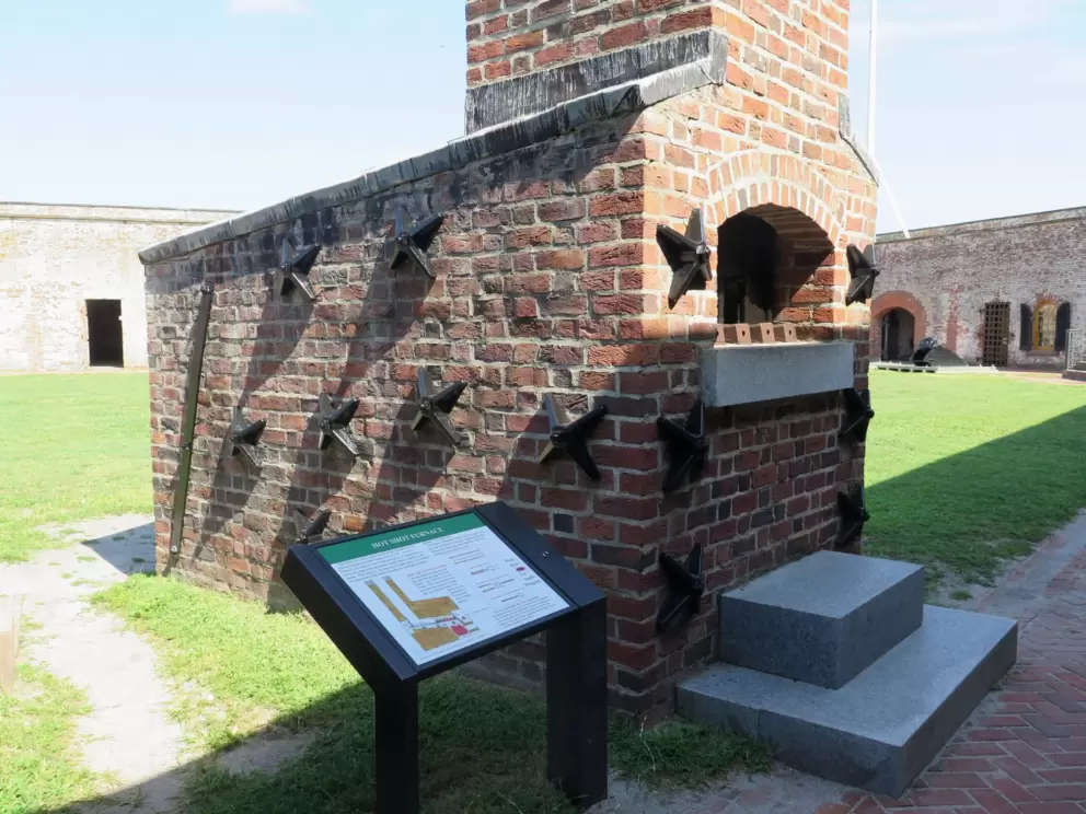 Hot shot furnace replica. These were used to heat non-explosive cannon balls red hot, to 1077 degrees, to fire at the enemy warships.
