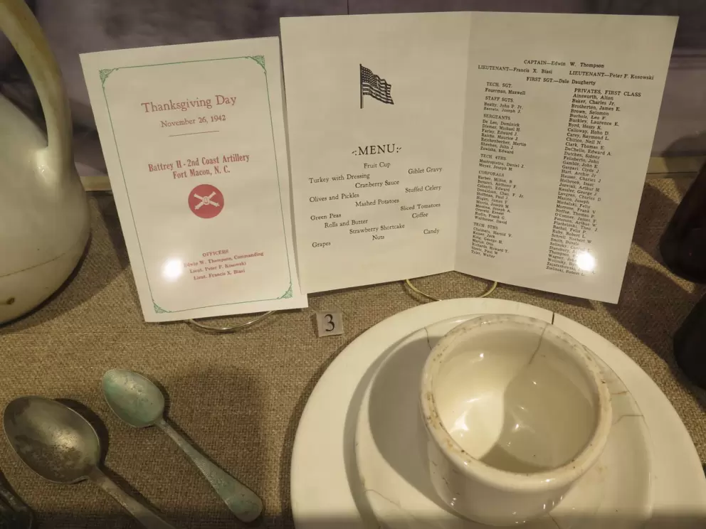Thanksgiving Day menu in 1942. Turkey with dressing, giblet gravy, cranberry sauce, stuffed celery, mashed potatoes, green peas...