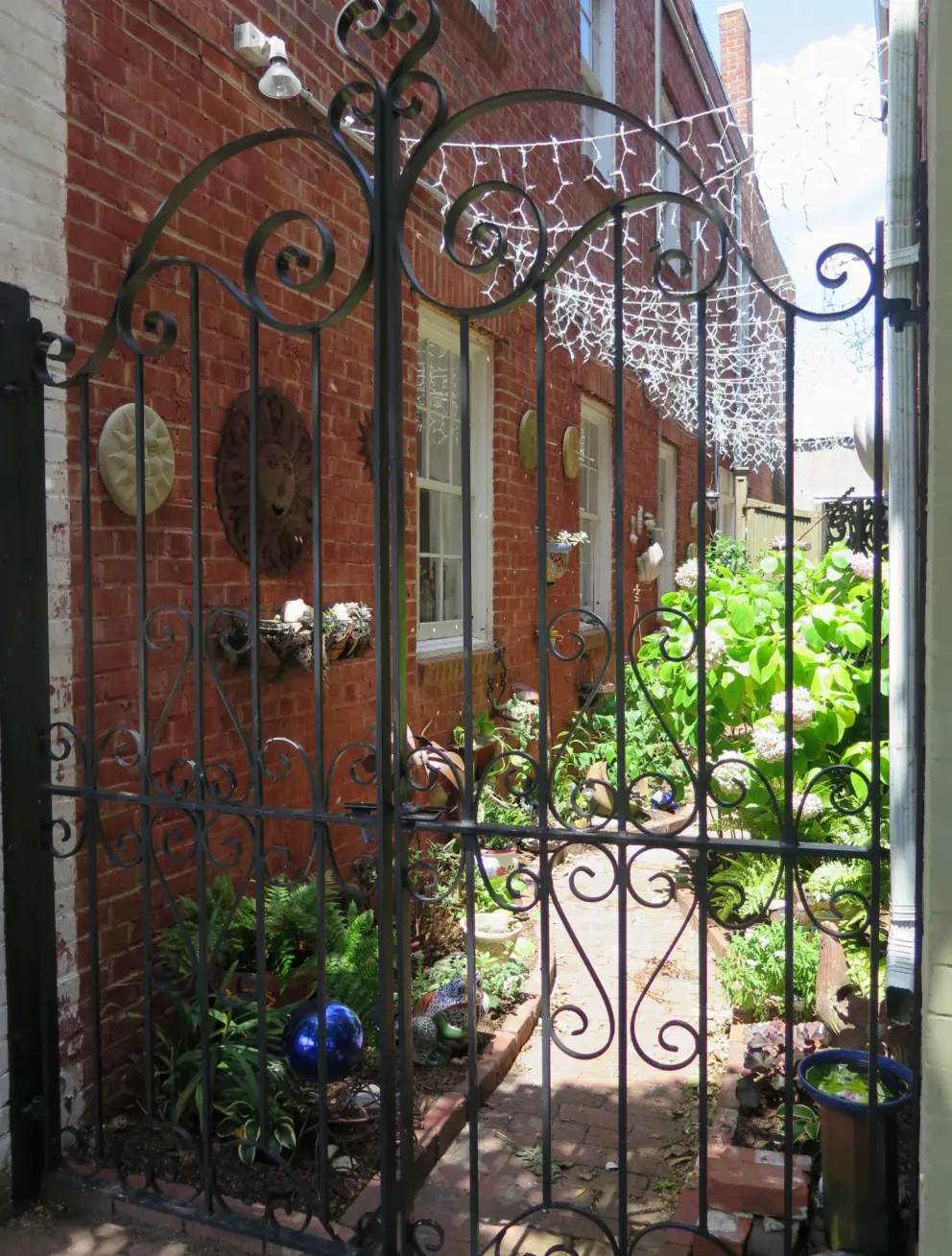 Curlicue ironwork gate and garden.