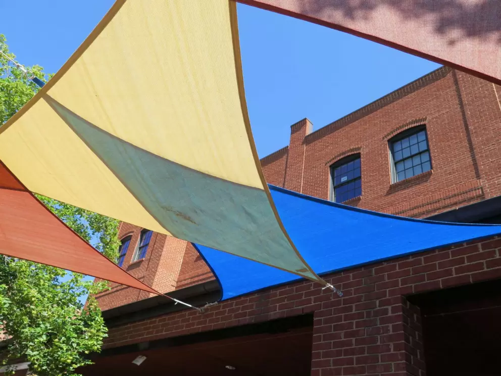 Shade canopies at Weaver Street Market.