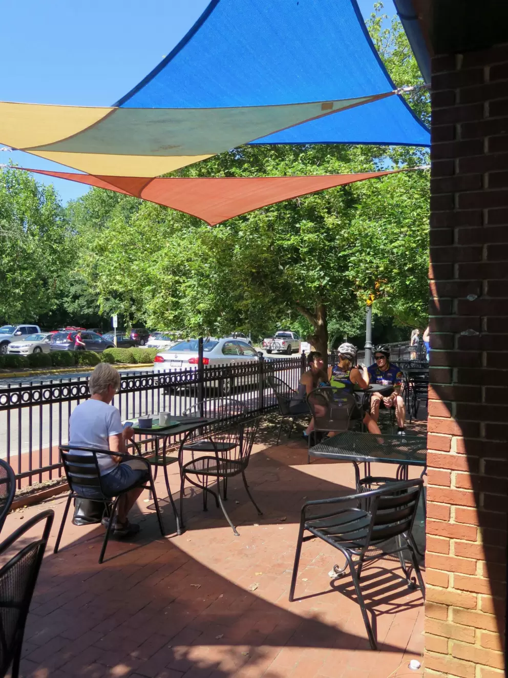 Sitting outside at Weaver Street Market.