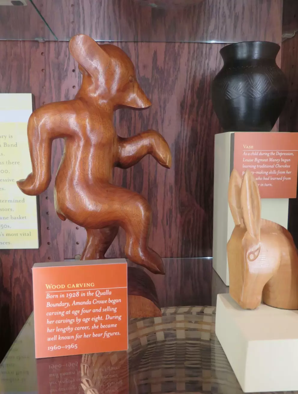 The Cherokee Indians at the Qualla Boundary make work carvings, coil pottery, and rivercane baskets.

