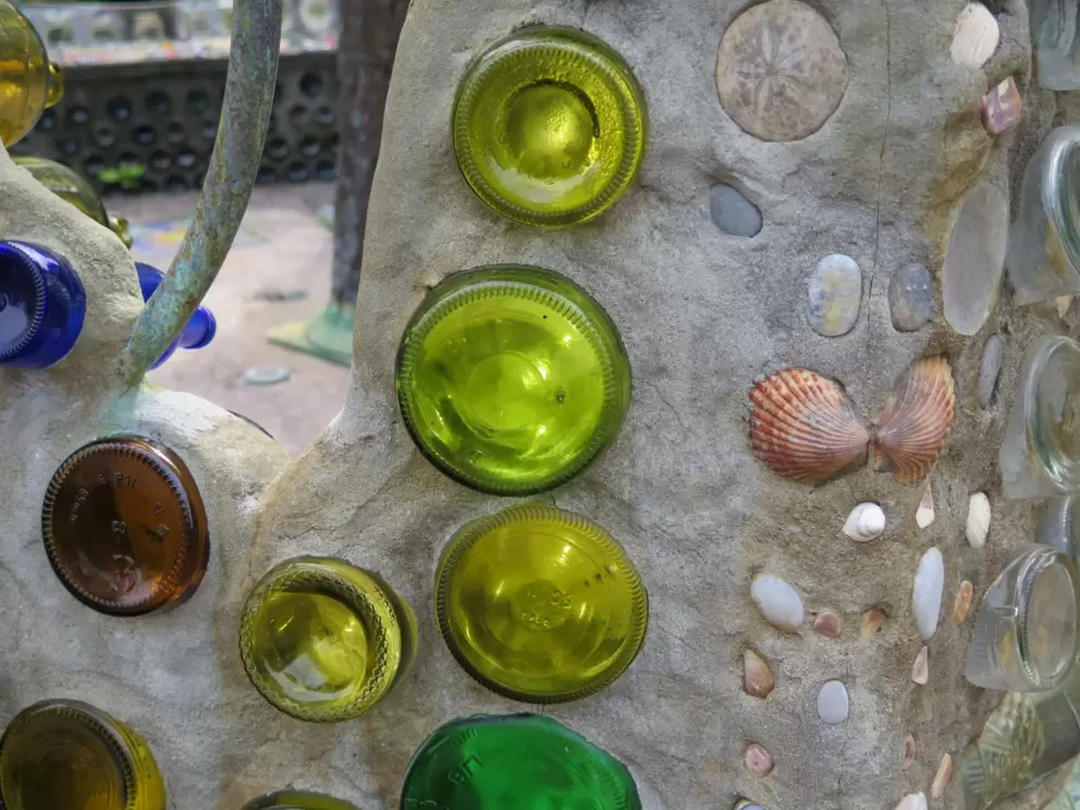 Green bottles and shells in the glass bottle chapel!