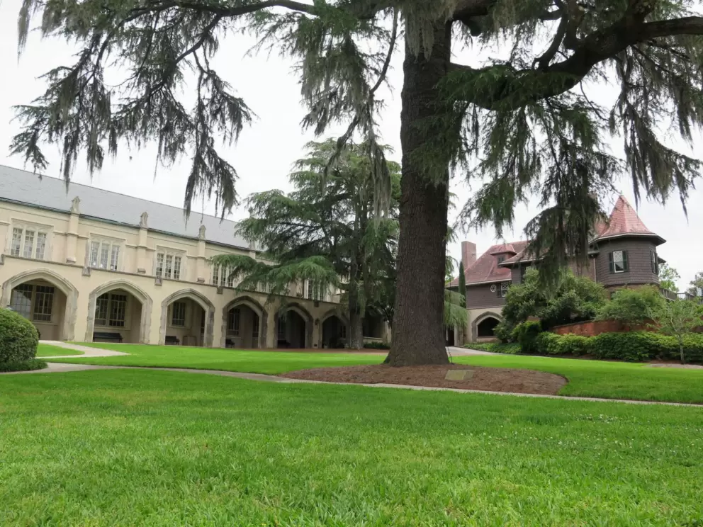 Lawn, church, and house at Saint James Episcopal Church.