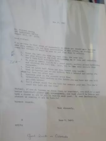 Letter to Michael Jordan by Coach Dean E. Smith, with areas of improvement to work on during the summer.