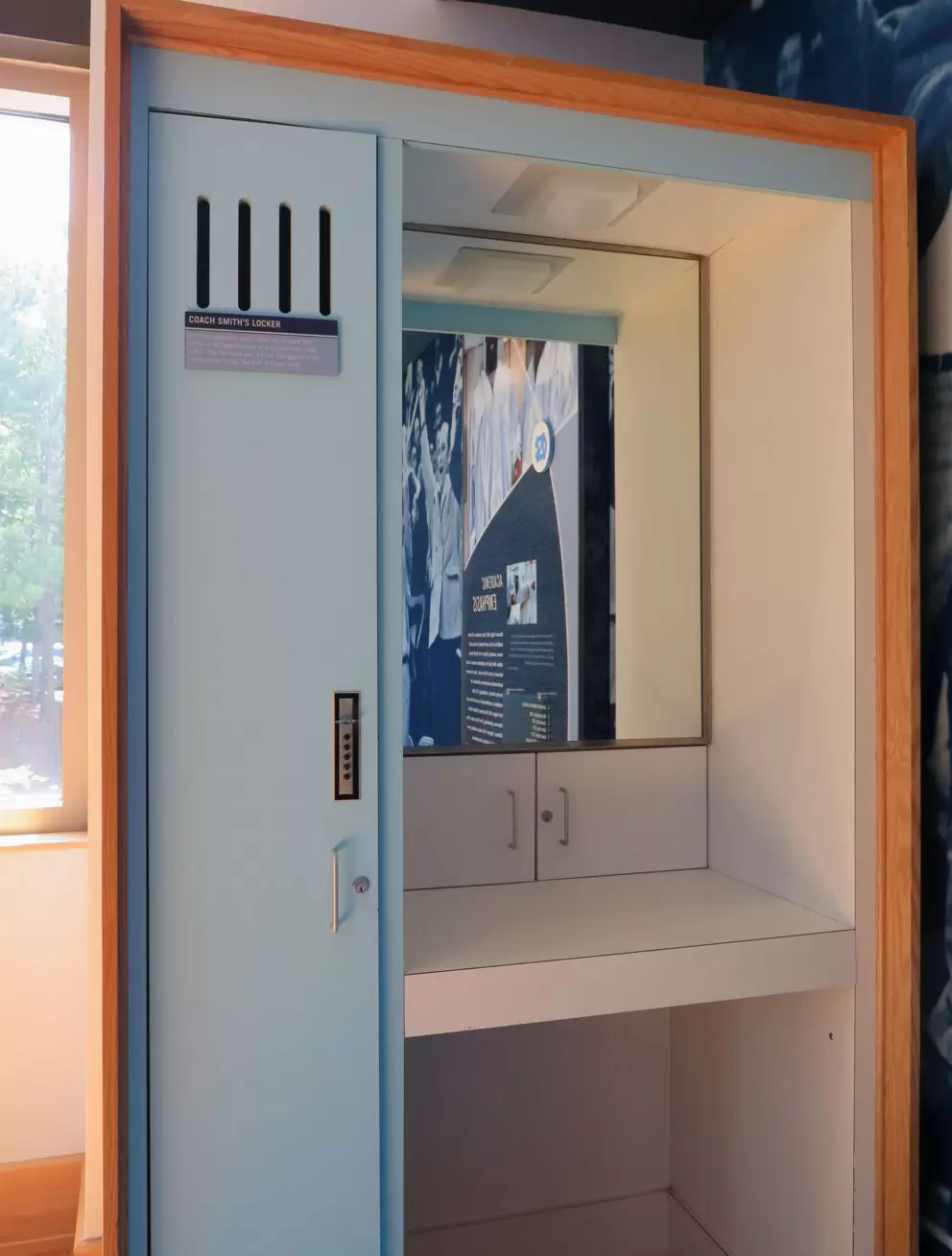 Coach Smith's locker. The Tar Heels won 133 of 150 games under his leadership.