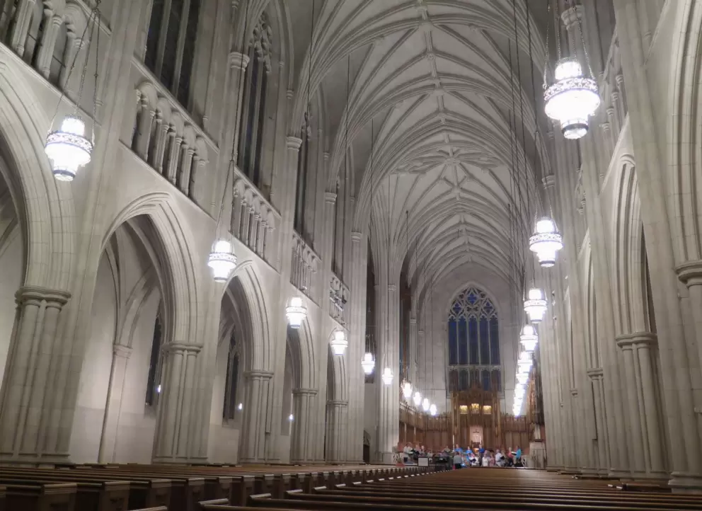 Inside Duke Chapel at night.