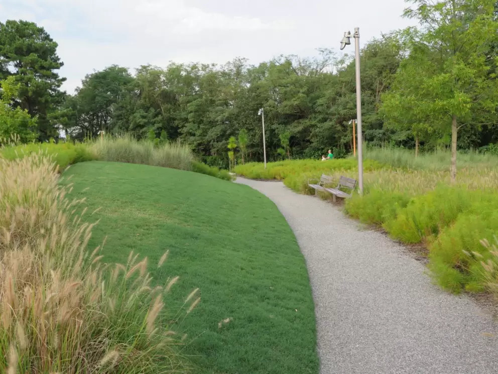 Landscaped grounds with wispy grasses and little hills to run on.