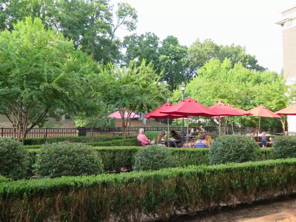 Outdoor seating at Guasaca Arepa and Salsa Grill, a seven minute drive away.