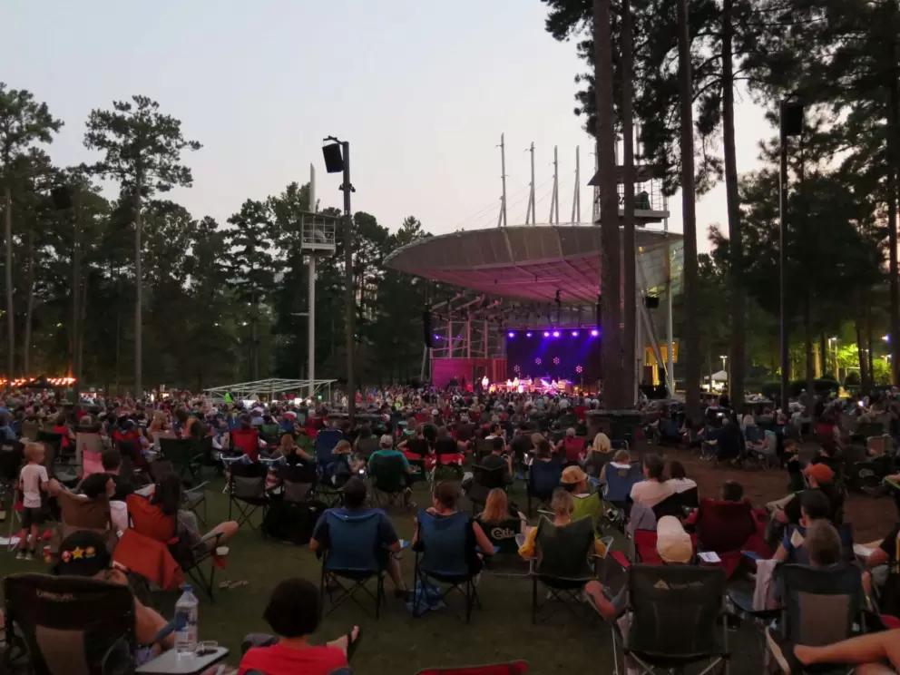 Pine trees and the stage.