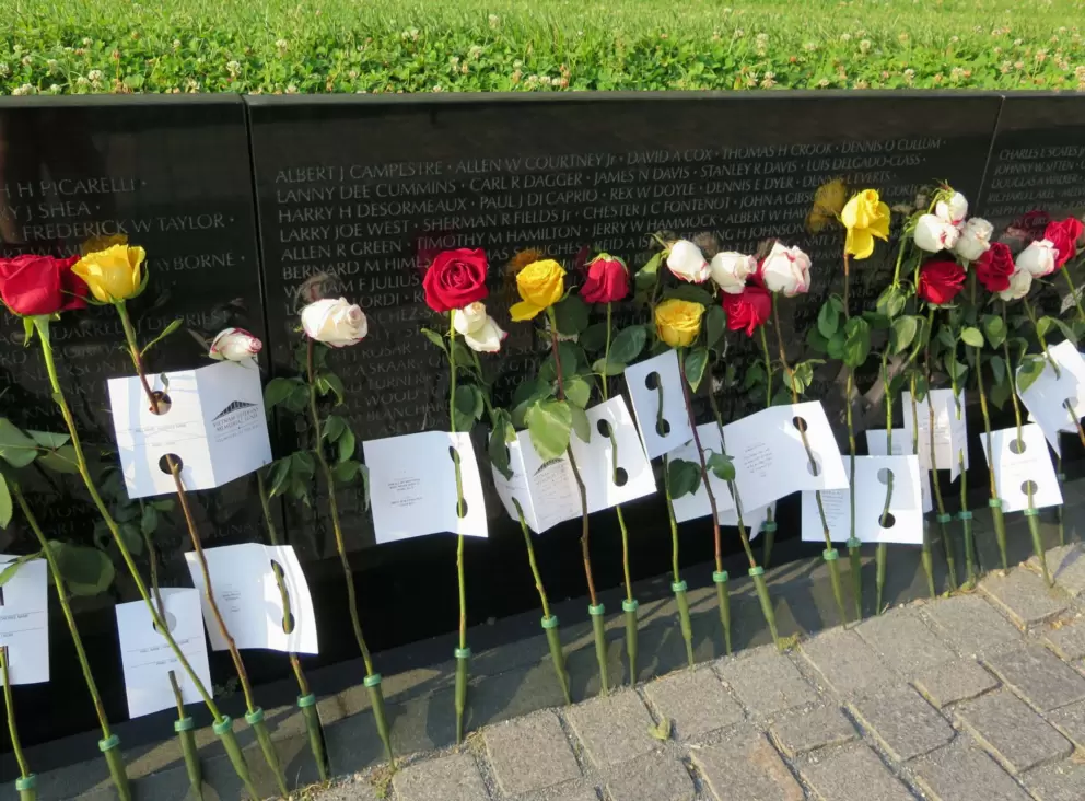 Red, yellow, and white roses along the wall.