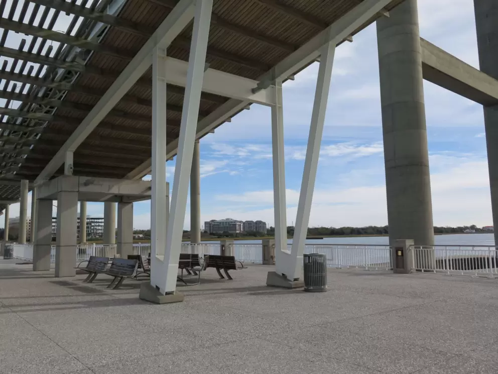 The huge bridge, and benches below.