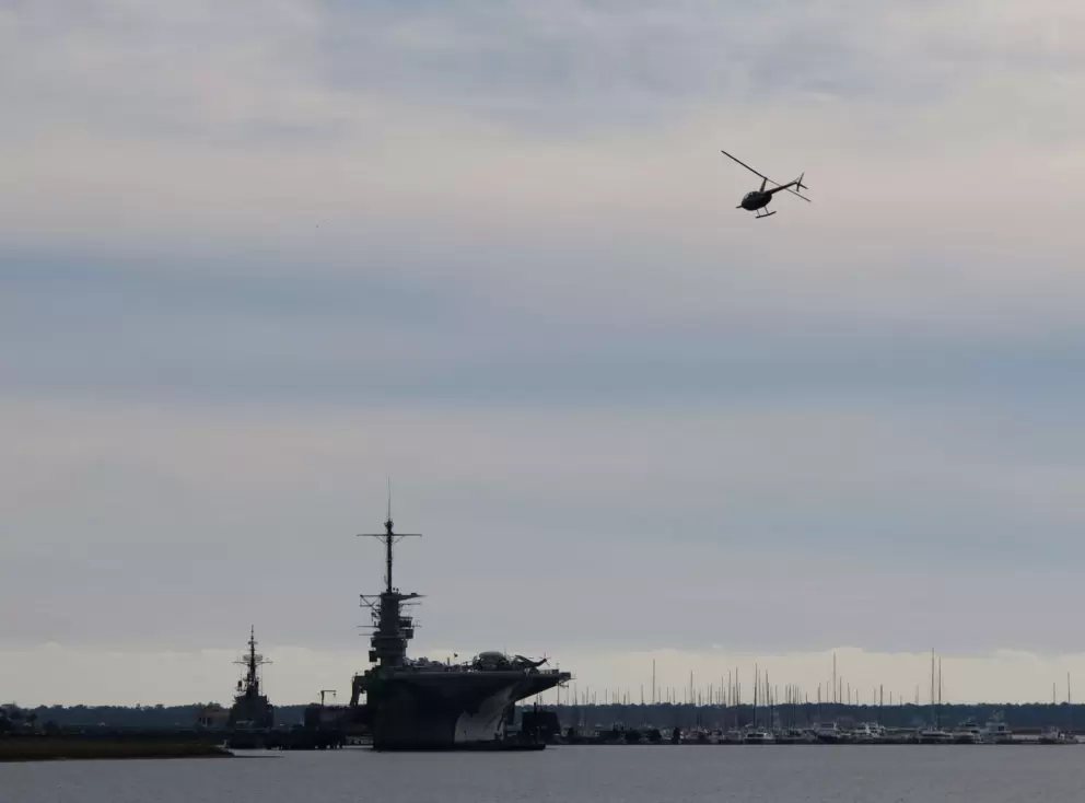 USS Yorktown and helicopter.
