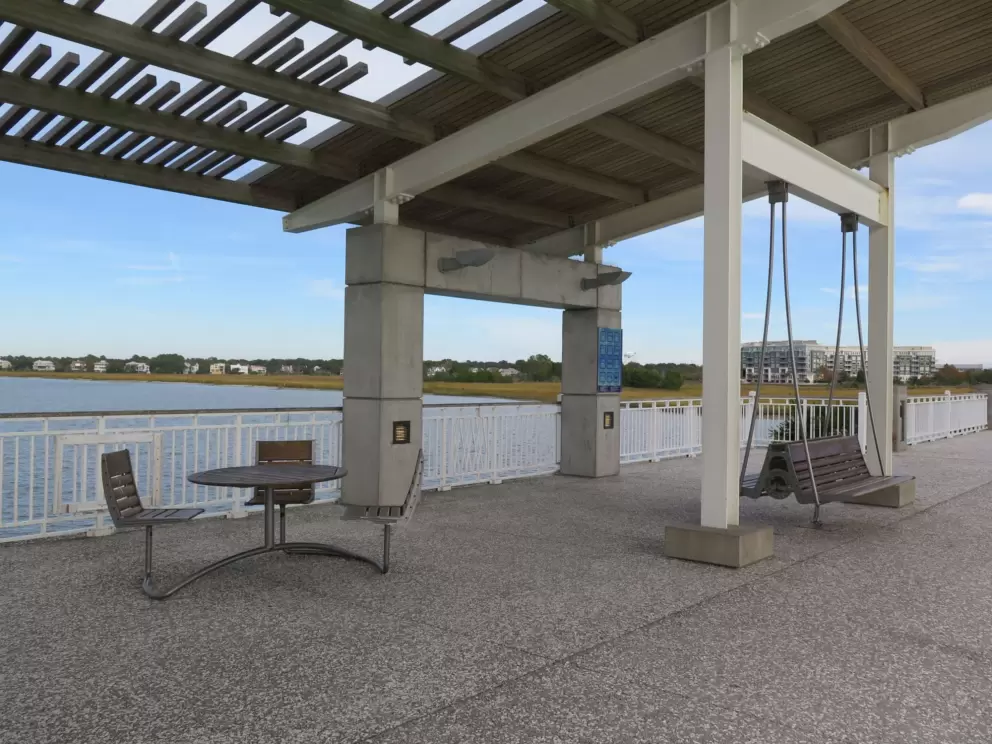 Picnic table and swinging porch chairs.