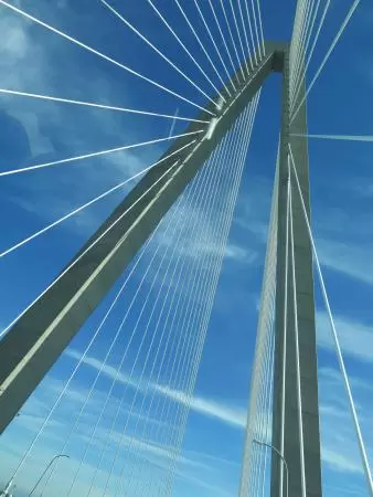 Looking up at the bridge, as a passenger in the car.