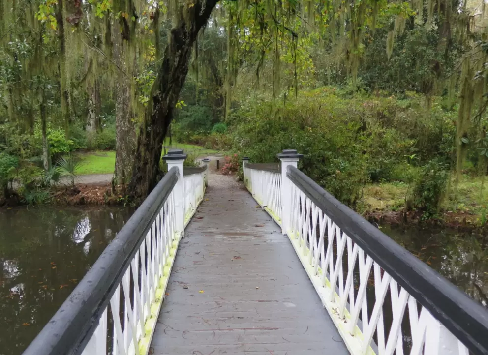 Walking over the white reflection bridge.