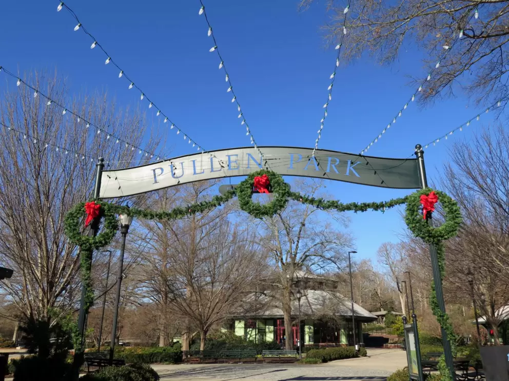 Christmas lights at the entrance.