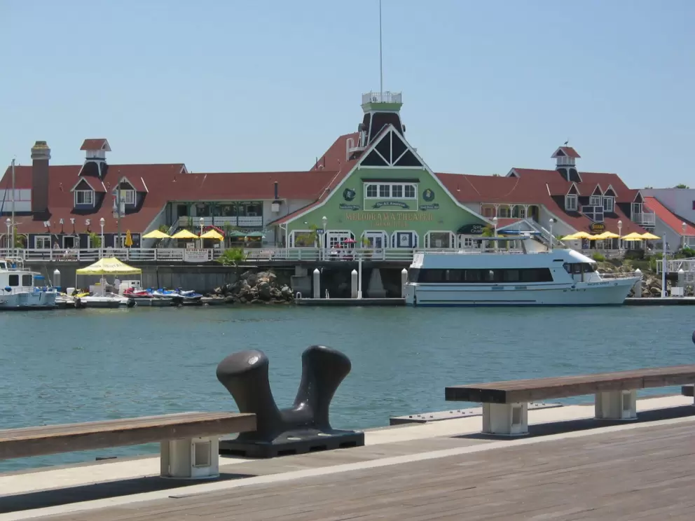 View of Shoreline Village from Rainbow Harbor. 